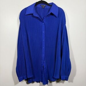 PrettyLittleThing Cobalt Blue Pleated Oversized Button Down Long Blouse Top US 6
